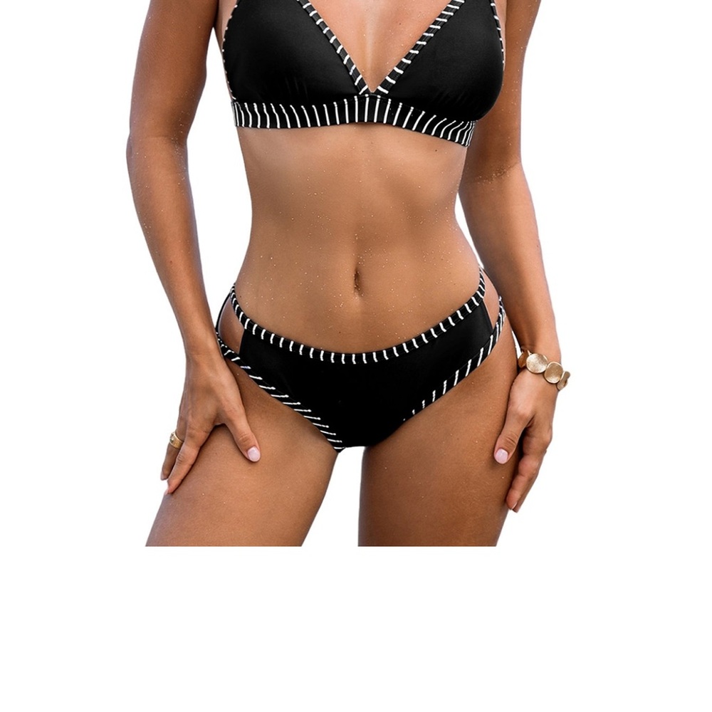 Cupshe Black Bikini Set with White Stitch Trim